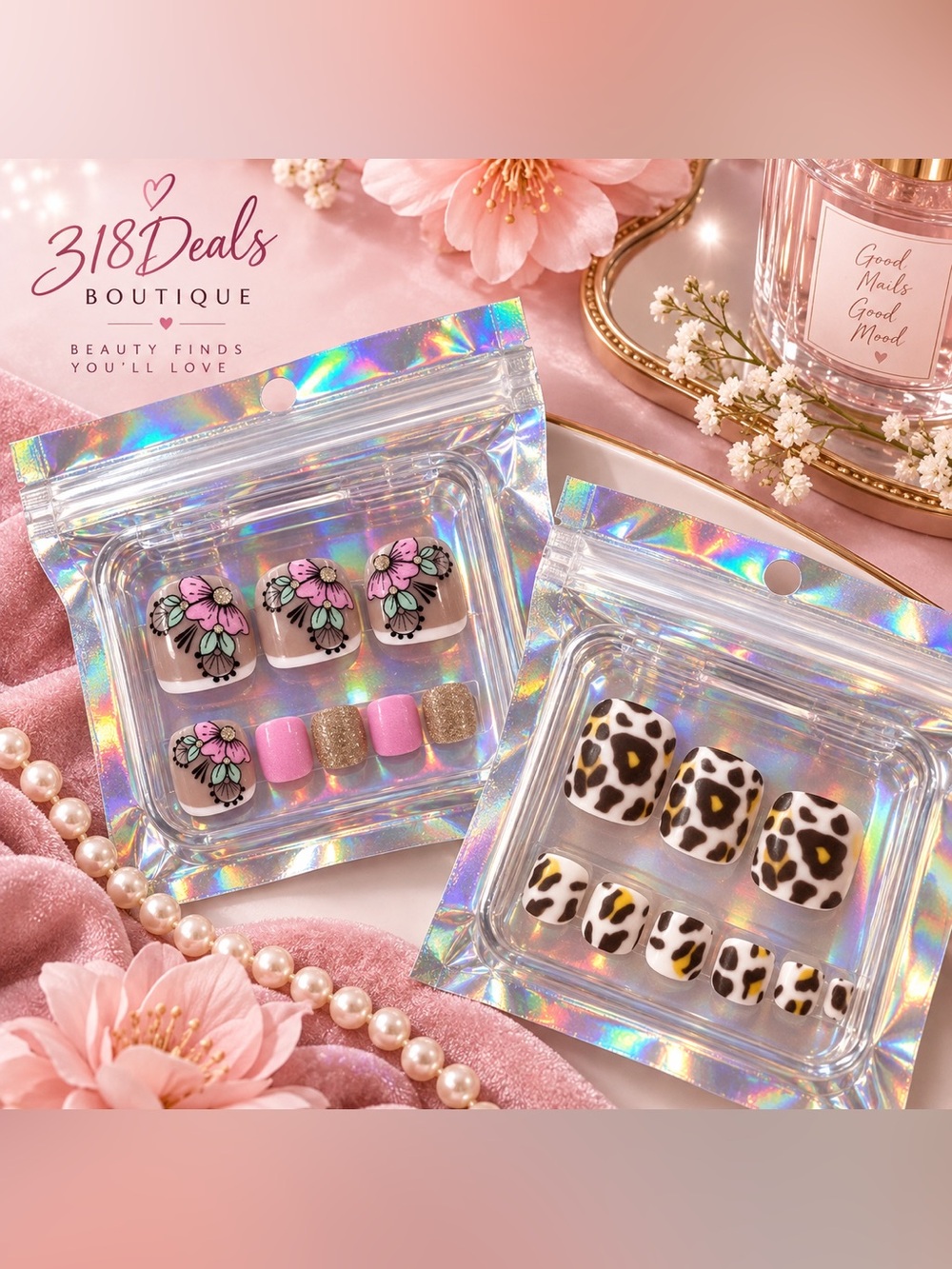 Pink Floral & Leopard Print Press-On ToeNails Set